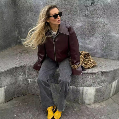 Veste Cuir Bordeaux Élégante