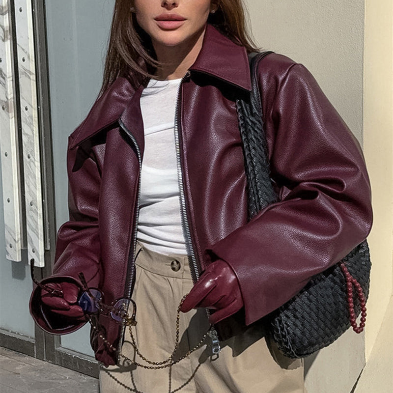 Veste Cuir Bordeaux Élégante