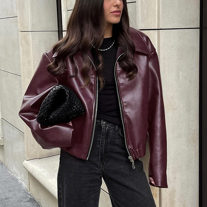 Veste Cuir Bordeaux Élégante