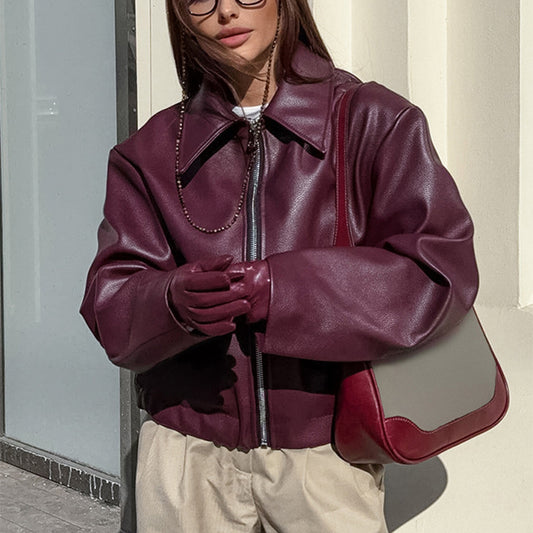 Veste Cuir Bordeaux Élégante